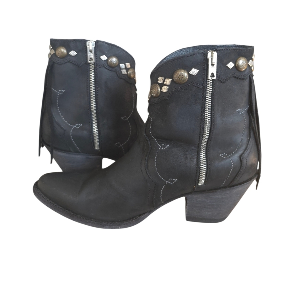 Yippee Ki Yay Old Gringo Black Leather Ankle Boots Fringe & Studded Western 8.5 - Picture 9 of 16